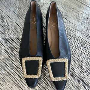 Sam Edelman Black Women's Pointed Toe Flats with Gold Buckle Accent